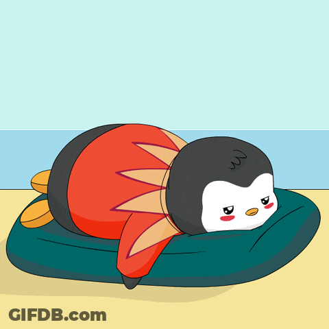 Cartoon Penguin Laying On Blue Pillow On Beach GIF