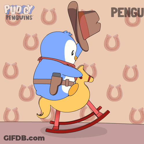Cartoon Penguin Riding Rocking Horse With Cowboy Hat And Gun GIF