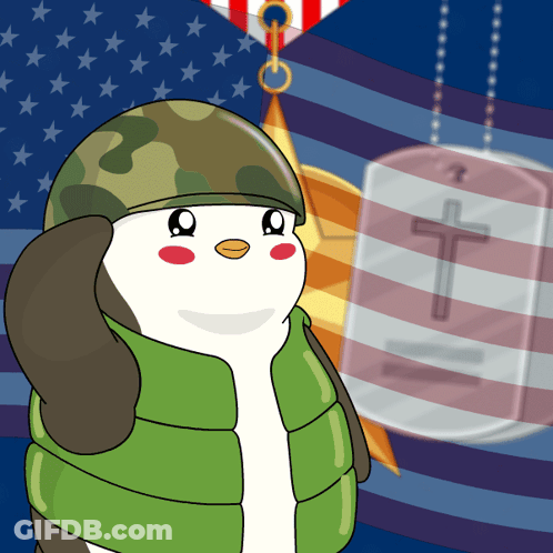 Cartoon Penguin Saluting American Flag With Cross Dog Tag GIF