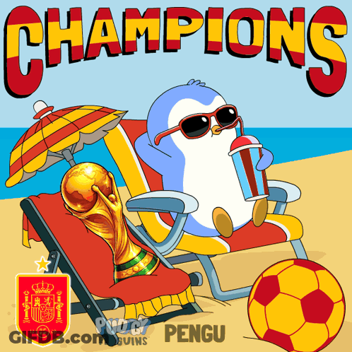 Cartoon Penguin Sitting On Beach Chair Holding Trophy And Drink GIF