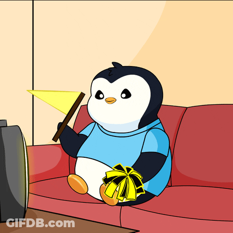 Cartoon Penguin Sitting On Couch Holding Yellow Flag GIF