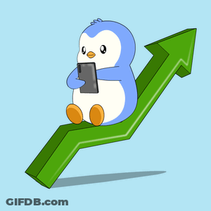 Cartoon Penguin Sitting On Green Arrow Holding Cell Phone GIF