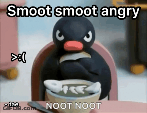 Cartoon Penguin Sitting With Coffee And Saying Smoot Smoot Angry GIF