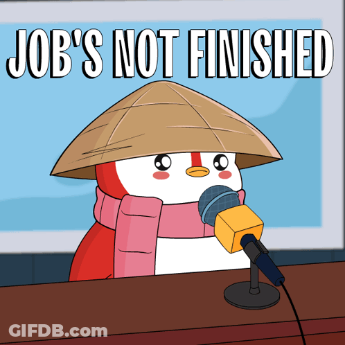 Cartoon Penguin Speaking Into Microphone Job's Not Finished GIF