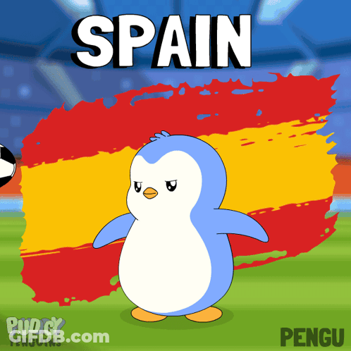Cartoon Penguin Standing In Front Of Spain Flag GIF