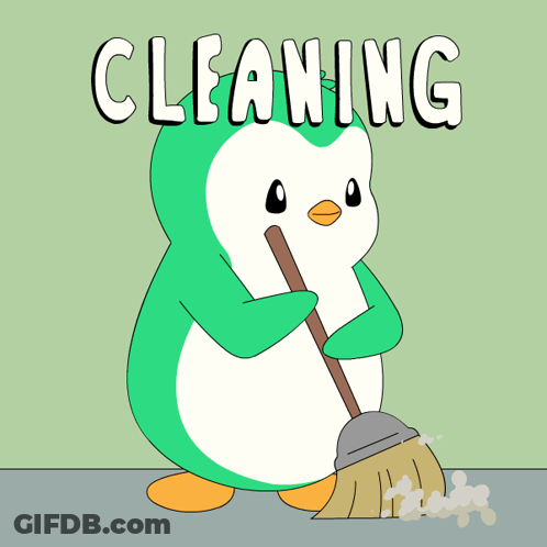 Cartoon Penguin Sweeping Floor Saying Cleaning GIF