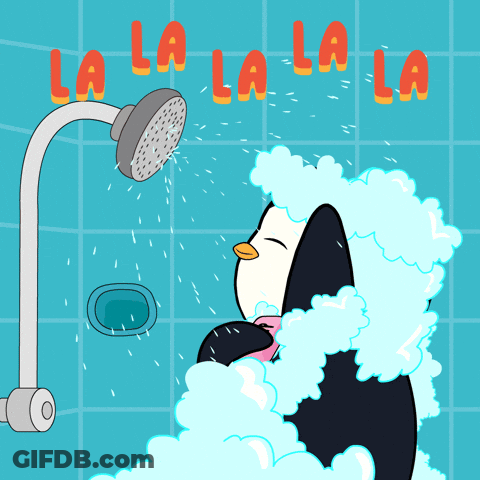 Cartoon Penguin Taking Shower Saying La La La La GIF