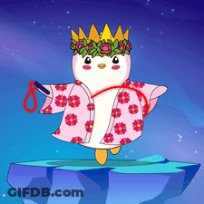 Cartoon Penguin Wearing Crown And Pink Kimono GIF