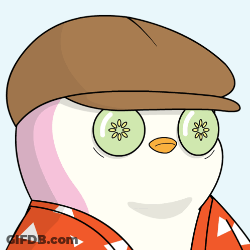 Cartoon Penguin Wearing Hat And Cucumber Slices GIF