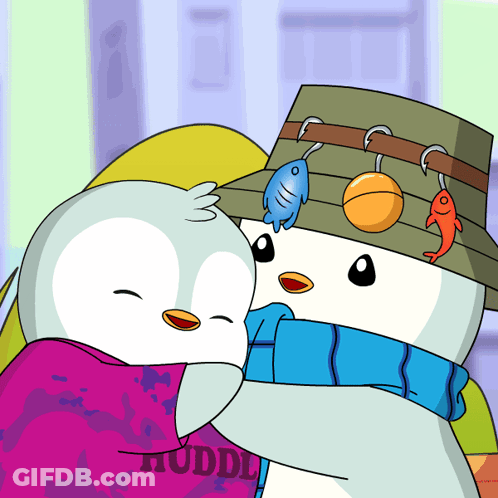 Cartoon Penguin Wearing Huddle Shirt GIF