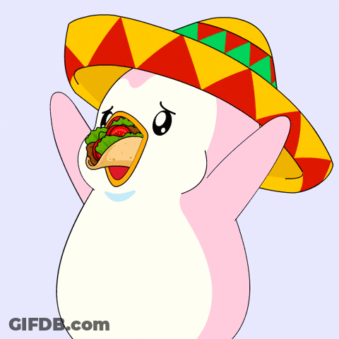 Cartoon Penguin Wearing Sombrero Holding Taco GIF