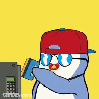 Cartoon Penguin Wearing Sunglasses And Hat Holding Credit Card GIF