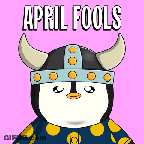 Cartoon Penguin Wearing Viking Helmet April Fools GIF