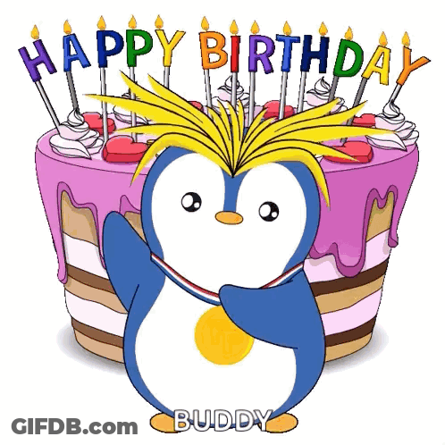 Cartoon Penguin With Birthday Cake Saying Happy Birthday Buddy GIF