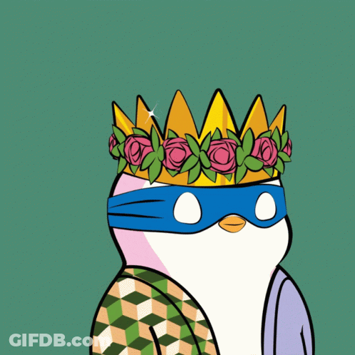 Cartoon Penguin With Crown Mask And Question Mark GIF
