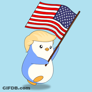 Cartoon Penguin With Donald Trump Hair Holding American Flag GIF