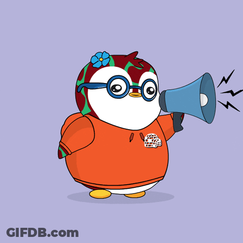 Cartoon Penguin With Glasses And Orange Hoodie Holding Megaphone GIF