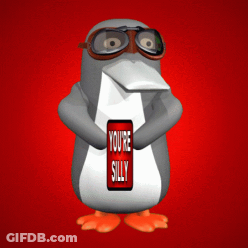 Cartoon Penguin With Goggles Holding Cell Phone Saying You're Silly GIF