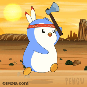 Cartoon Penguin With Headband Holding Axe GIF