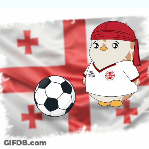 Cartoon Penguin With Red Headband And Soccer Ball In Front Of Georgian Flag GIF