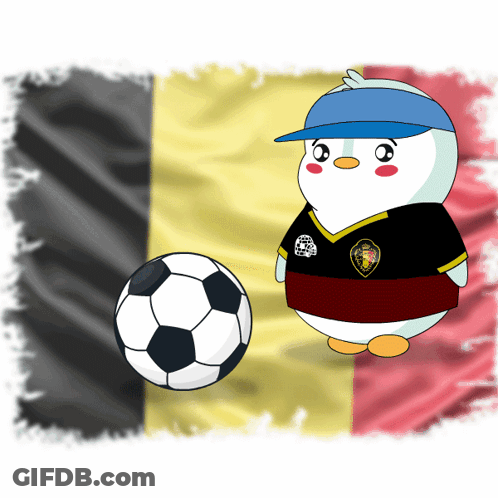 Cartoon Penguin With Soccer Ball In Front Of Belgian Flag GIF