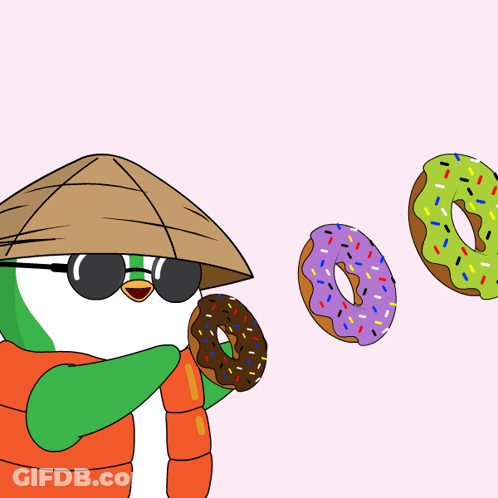 Cartoon Penguin With Sunglasses And Hat Eating Donut GIF