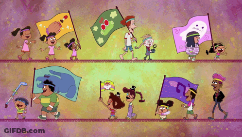 Cartoon People Holding Flags With Heart GIF