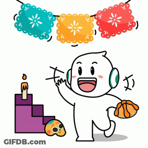 Cartoon Person Holding Pumpkin In Front Of Day Of The Dead Altar GIF