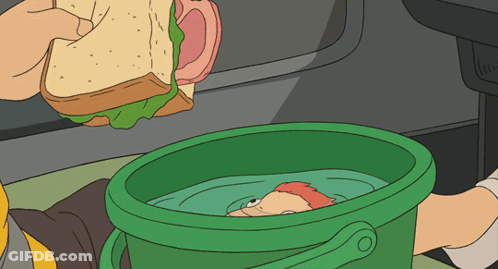 Cartoon Person Holding Sandwich Over Green Bucket GIF