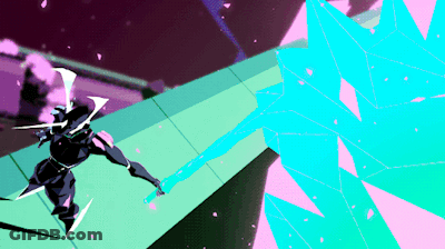 Cartoon Person Holding Sword Blue Pink Background GIF