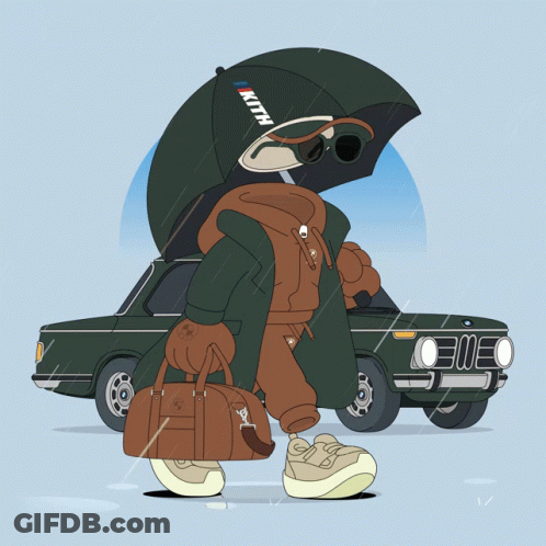 Cartoon Person Holding Umbrella And Kith Bag GIF