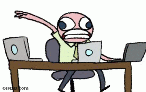 Cartoon Person Sitting At Desk With Two Laptops GIF