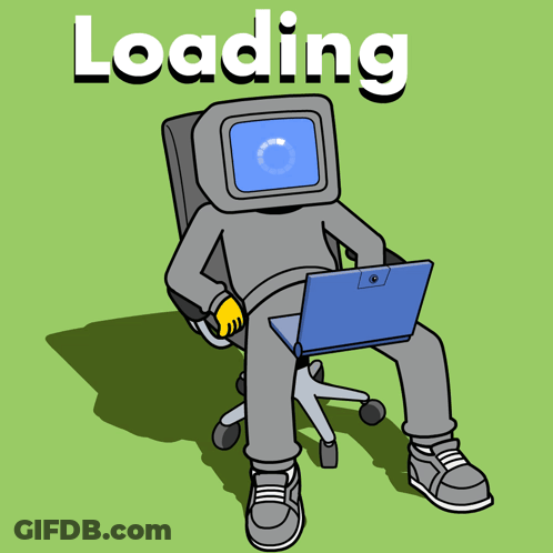 Cartoon Person Sitting In Office Chair With Laptop Saying Loading GIF
