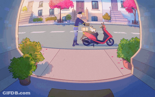 Cartoon Person Standing By Scooter GIF