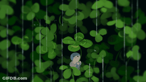 Cartoon Person Standing In Rain With Green Leaves GIF