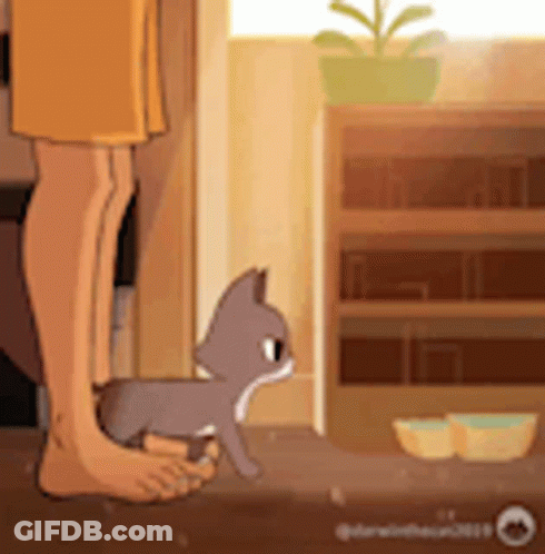 Cartoon Person Standing Next To Kitten GIF