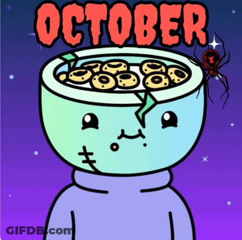Cartoon Person With Bowl Of Donuts Saying October GIF