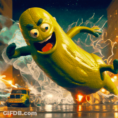 Cartoon Pickle Flying With Yellow Van GIF