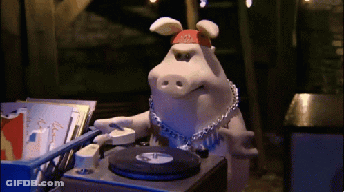 Cartoon Pig In Bandana And Chains Playing Record On Turntable GIF