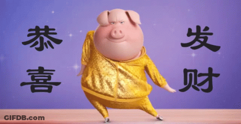 Cartoon Pig In Gold Outfit With Chinese Characters GIF