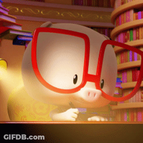 Cartoon Pig In Red Glasses Looking Over Bookshelf GIF