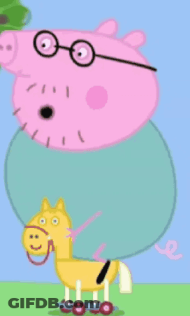 Cartoon Pig Next To Toy Horse GIF