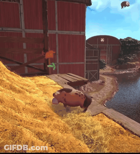 Cartoon Pig On Hay Pile Before Barn GIF