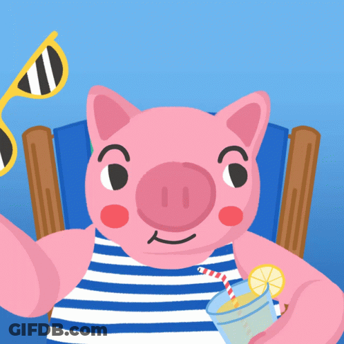 Cartoon Pig Sitting In Chair Holding Drink And Sunglasses GIF