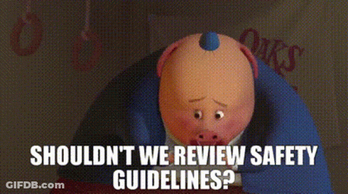 Cartoon Pig Sitting In Chair Saying Shouldn't We Review Safety Guidelines GIF