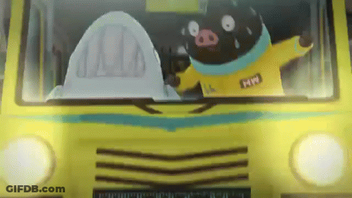 Cartoon Pig Sitting In Driver Seat Of Yellow Vehicle GIF