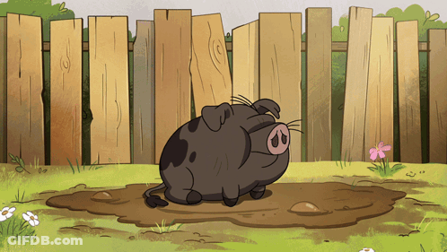 Cartoon Pig Sitting In Muddy Puddle In Front Of Fence GIF
