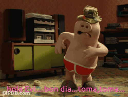 Cartoon Pig Standing In Room Saying Hola Evi Bon Dia Toma Toma GIF
