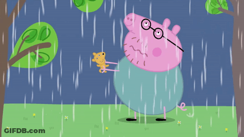 Cartoon Pig With Teddy Bear In Rain GIF