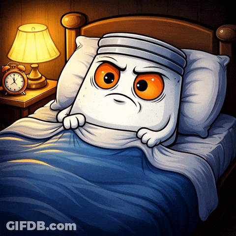 Cartoon Pillow With Orange Eyes In Bed GIF